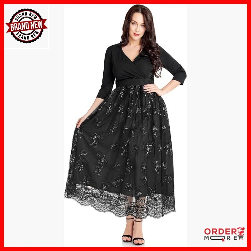 Plus Size Sequin 3/4 Sleeve Maxi Evening Gown Formal Party Dress